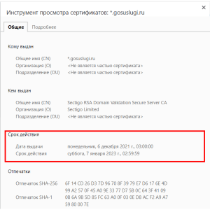 Дата истечения действующего сертификата gosuslugi.ru 7 января 2023